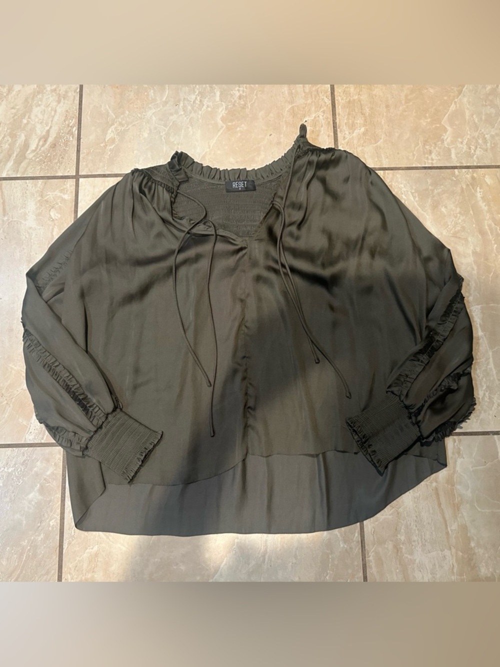 Green Satin Reset by Jane Tie Elastic Silky Top Blouse Size S